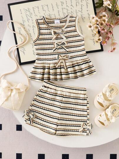 2pcs Baby Girl Summer New Textured Knit Sleeveless Top With 3D Bow Accent And Casual Shorts Set