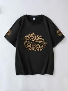 T-shirt décontracté pour femme à col rond, manches courtes, imprimé léopard et motif lèvres. T-shirt imprimé à col rond, top grande taille pour femme... Noir d'été - Noir - Voir 2