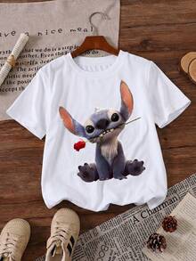 Disney Stitch Holding Red Rose Flower Lilo & Stitch Printed Pattern T-Shirts For Girls - Children's Clothing Design Short-Sleeved Casual And Cute Style Comfortable And Casual Wear All Year Round Suitable For Parties And Play Machine Washable Gift Children's Clothing Girls' Short-Sleeved Shirts - Blanc - Voir 2