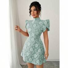 Women's Vintage Red Textured Fabric Puff Sleeve Elegant High Collar Back Button Bow Contrasting Cutout Waist Design Slim Short Sleeve Mini Dress, Fashionable Summer - Màu xanh Bạc hà - Xem 5