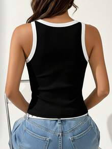 1pc Women's Basic Casual Contrast Color Sleeveless Knit Tank Top, Round Neck Vest, Versatile For Summer Daily Wear - Black - View 5