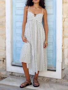 New Fashionable Elegant Polka Dot All-Over Print Contrast Color Casual Bohemian Hollow Out Dress, Suitable For Vacation, Beach, All Seasons White Summer - White - View 3