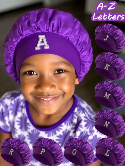 1pc A-Z 26 Letters Sleep Cap, 3-8 Years Old Kids Curly Hair Sleep Hat, Children & Teens Satin Sleep Cap