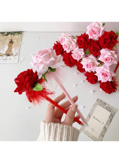 1/2pcs, Simulated Flower Bouquet Gift Pen, Romantic Valentine's Day Rose Desk Decoration Ballpoint Pen, High Appearance Level Feather Gel Pen