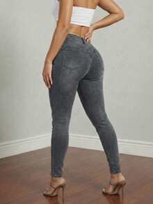 Women's High Waisted Solid Skinny Jeans - Basic Slim Fit Bodycon Denim Pants Soho Minimalist Essentials - 淺灰色 - 查看 2