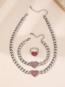 3件套时尚优雅金属心形吊坠首饰套装，镶嵌水钻，适合女士日常、派对、节日装扮，可搭配项链、手链、戒指。 - 銀色 - 查看 5