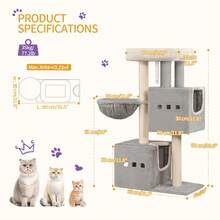 HaluPeit 98 Cm Scratching Post, Cat Tree, Small Scratching Post, Multi-Storey Scratching Post With Perch, Cat House Furniture With 2 Caves, Sisal Cat Scratching Post, Hammock, Cave - 淺灰色 - 查看 6