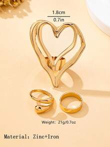 3pcs/Set Women's Adjustable Open Ring, Fashionable Street Hip-Hop Style, Suitable For Daily Wear - Heart-shaped Gold - View 9