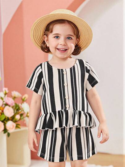 Girls' Summer Striped 2 Pieces Set, Round Neck Short Sleeve Blouse + Loose Shorts, Casual Versatile Children Outfit