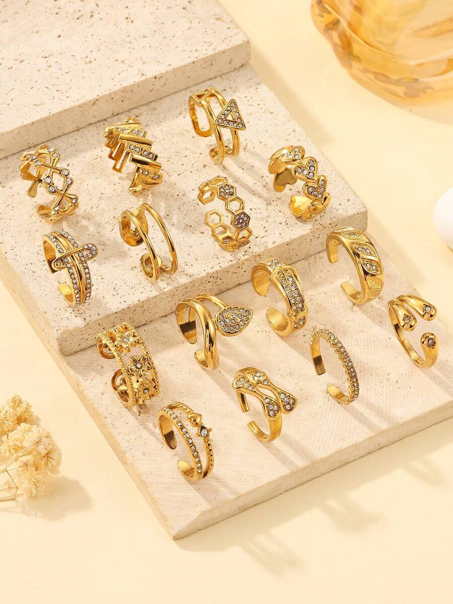 2/4/6/8/12pcs Stainless Steel 18K Gold Plated Mixed Pattern Rhinestone Inlaid Open Ring Set, Assorted Styles Randomly Shipped - Yellow Gold - View 1