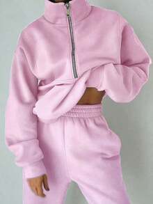Spring  Pink Essential Half-Zip Stand Collar Pink Two-Piece Set, Relaxed Fit Loungewear For Daily Wear, Versatile Outfit For Casual Errands And Lounging    /Swimsuits For Woman  /Summer Outfits For Women - Hồng - Xem 1
