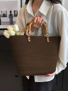 BAILEE A Casual, Stylish, Vacation-Themed Bamboo-Handled Woven Handbag. It Is Lightweight, Durable, And Has Ample Capacity. An Excellent Choice For Gifts. - Multicolor - View 8