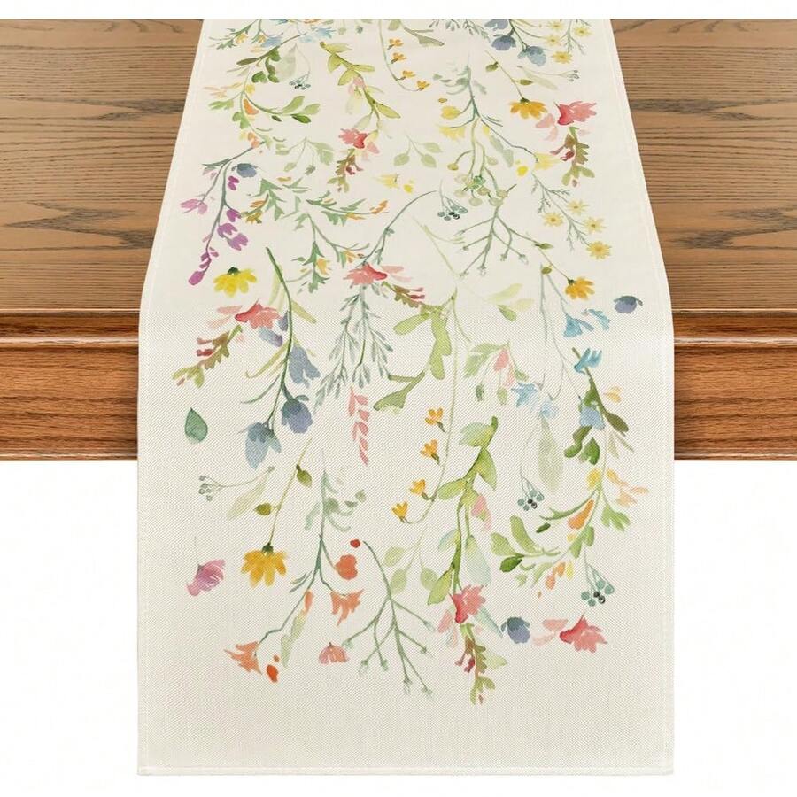 1pc Summer Blooming Wildflowers Printed Table Runner, Floral Kitchen Dining Table Decor For Spring/Summer Seasons, Size: 33 X 183 Cm - Beige - View 1