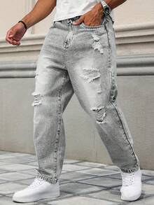 Plus Size Men's Fashionable Distressed Slant Pocket Washed Denim Jeans - Grey - View 4