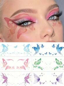 6 Sheets Colorful Butterfly Tattoos Waterproof Temporary Glitter Eye Tattoos Stickers For Halloween Valentine's Day Festival Party Prom Date Makeup Accessories - 彩色 - 查看 10