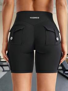 YEOREO CoreFlex Women Workout Biker Shorts With Cargo Pockets Hidden Scrunch High Waisted 8" Inseam Gym Shorts Summer Shorts For Women Black Shorts - 黑色 - 查看 3