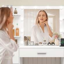 Large Vanity Table With Adjustable LED Lighting And Power Outlets, Vanity Table With Mirror, 7 Drawers, 4 Open Shelves And 5 Jewelry Hooks For The Bedroom, White - 查看 8