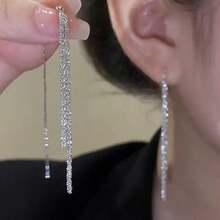 1 Pair Of Fashionable Sparkling Long Tassel Ear Cords - Elegant Slimming High-Quality Earrings For Festive Gift Giving - 銀色 - 查看 2