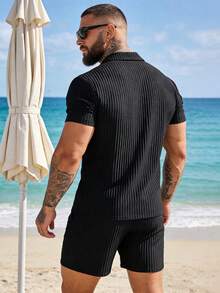 Men's Summer Striped Texture POLO Suit, Breathable Short-Sleeved Shorts For Leisure Vacation. - 黑色 - 查看 2