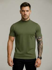 Men's Slim Fit Mid-Neck T-Shirt, Premium Cotton, Basic Casual Style - 軍綠色 - 查看 1