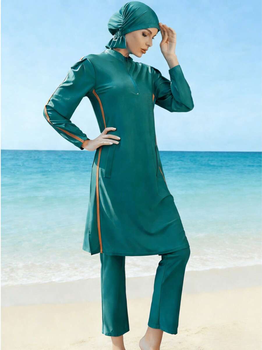 VFJ Burkini Women's Full Set Long Sleeved Muslim Islamic 3 Pieces Set Blue Swimsuit With Headscarf Burkini Swimsuit Vacation - Cadet Blue - View 1