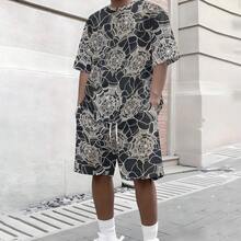 2-Piece Retro Exquisite Knitted Fabric Intricate Delicate Men's Social Events Summer Black Base Off-White Line Texture Short Sleeve Beach Shorts Set - Nhiều màu - Xem 4