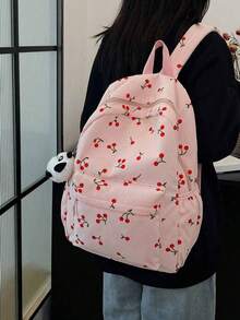 1件珊瑚絨燈芯絨休閒輕量可折疊大容量多口袋後背包，附拉鍊，櫻花印花，適合青少年、學生、女性日常使用、旅行、上學、購物，學生書包 - 粉色 - 查看 12