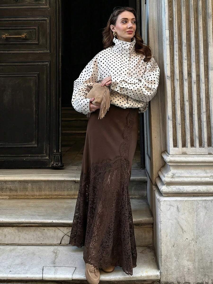 HH 女士缎面蕾丝拼接高腰长裙，优雅派对礼服，2025春秋款