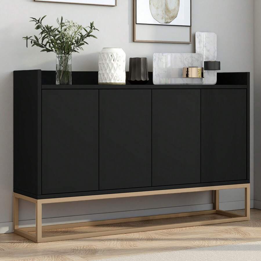 Aparador/cómoda de estilo minimalista, moderno mueble buffet de 4 puertas, cómoda con balda regulable y patas metálicas, mueble multiusos para comedor, salón, cocina (Negro/Blanco/Azul) - Negro - Ver 1