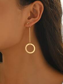 1 Pair Women's Spring/Summer Minimalist Geometric Hoop Earrings With Tassel Pendant, Simple Geometric Design, Fashionable & Elegant Jewelry Earrings, Unique Personalized Accessories - Yellow Gold - View 3