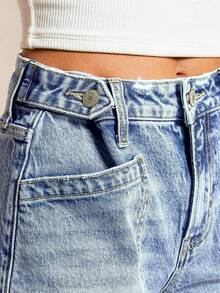 Summer Women's Mid-Rise Washed Denim Bermuda Shorts With Straight Leg, Slightly Stretchy Jean Shorts With Adjustable Waist And Patch Pockets - màu xanh nhạt - Xem 4