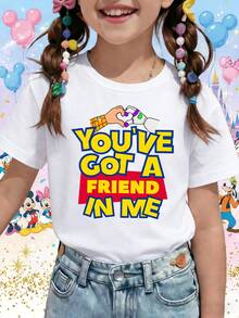 Disney Toy Story You've Got A Friend In Me Woody And Buzz Heart Hands Printed Pattern T-Shirts For Girls - Children's Clothing Design Short-Sleeved Casual And Cute Style Comfortable And Casual Wear All Year Round Suitable For Parties And Play Machine Washable Gift Children's Clothing Girls' Short-Sleeved Shirts - Blanc - Voir 1