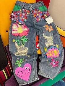 GLOURI Recious Womens Sexy Ripped Distressed Destroyed Colorful Rhinestones Printed Party Clubwear Denim Pants Jeans - Màu xanh lam - Xem 5