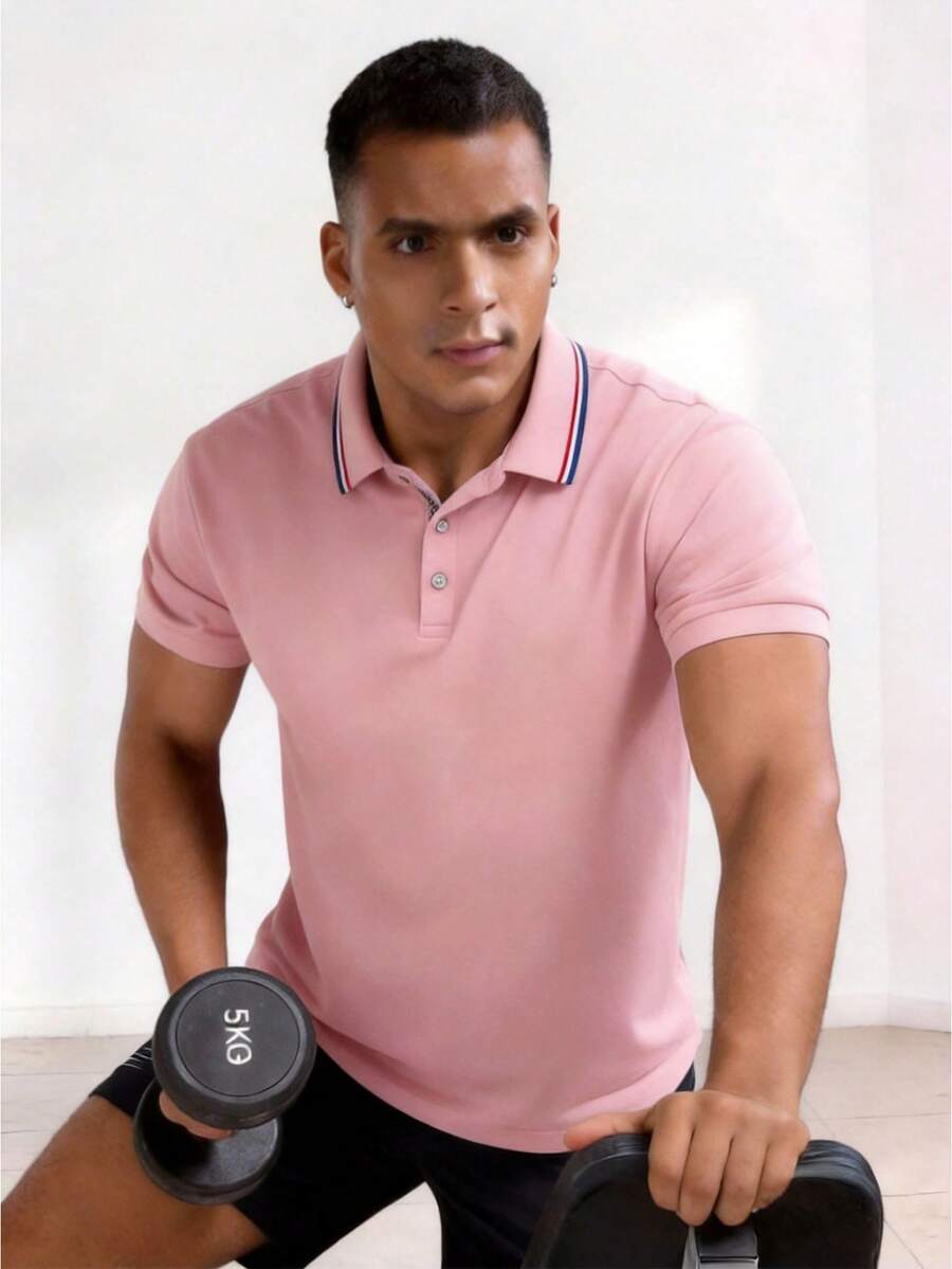 Driftmere 男士撞色滚边高尔夫Polo衫，半扣领，柔软轻盈，商务休闲工作衬衫，适合送给男友，也适合高尔夫、日常穿着、夏季、网球等运动，透气舒适，高弹凉爽，适合日常休闲、运动、慢跑和健身/训练。 - 粉色 - 查看 1