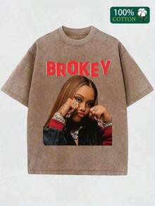 Camiseta gráfica "BROKEY" - 100% algodón, ligera 230g, estilo casual hip-hop, camiseta de cuello redondo de manga corta, lavable a máquina, muy adecuada para el verano EMO1 - Marrón - Ver 12