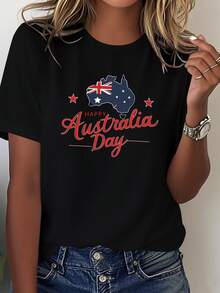 Women'S Happy Australia Day T-Shirt - Patriotic Red & White Flag Design, Comfortable Short Sleeve Casual Top For Casual Attire, Allseason Tshirt  Patriotic Clothing  Tee - Black - View 2
