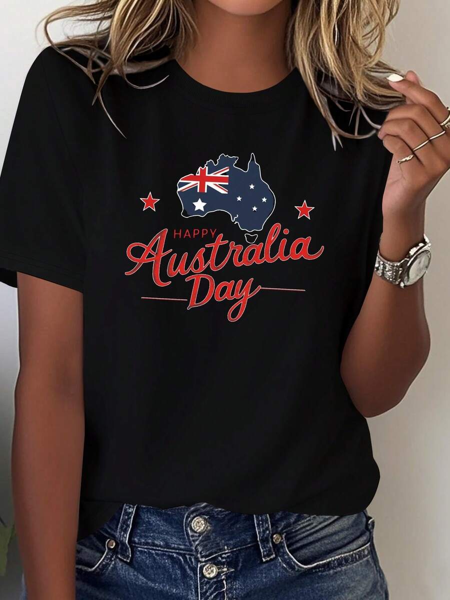 Women'S Happy Australia Day T-Shirt - Patriotic Red & White Flag Design, Comfortable Short Sleeve Casual Top For Casual Attire, Allseason Tshirt  Patriotic Clothing  Tee