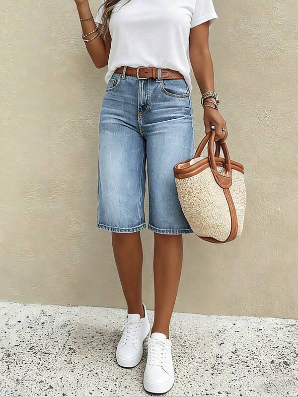 Women's Straight Leg Denim Shorts: Fashionable Casual Style, Loose And Comfortable, Versatile Mid-Length Shorts