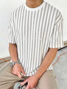 ملابس علوية تي شيرت رجالي بياقة مستديرة مخطط عمودي بطراز رجعي، متعدد الاستخدامات للأنشطة اليومية والترفيه والتنقل في الشوارع، قصير الأكمام - أبيض - مشاهدة 2