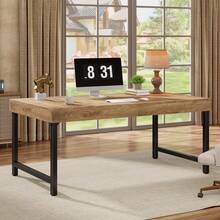 LITTLE TREE 55" Industrial Executive Desk, Rustic Computer Desk With Strong Metal Legs, Home Office Writing Study Table Workstation - Mocha Brown - View 3