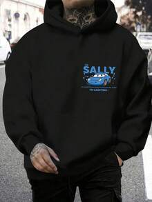 Disney Men's Casual Hoodie, Featuring Sally's Blue  Print From "Cars", Creates A Fresh And Retro Visual Atmosphere, Suitable For Daily Commuting, Friend Gatherings, Park Check-In And Other Scenes - 黑色 - 查看 3
