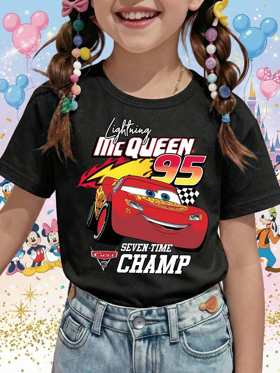 Disney Cars Lightning McQueen 95 Seven Time Champ Graphic Printed Pattern T-Shirts For Girls - Children's Clothing Design Short-Sleeved Casual And Cute Style Comfortable And Casual Wear All Year Round Suitable For Parties And Play Machine Washable Gift Children's Clothing Girls' Short-Sleeved Shirts - Black - View 1