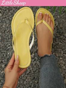 Glossy Flip Flops For Girls, Casual Street Style Summer Beach Sandals, Flat Versatile Non-Slip Slippers, House Slippers, Available In Yellow, Black, White, Pink - Yellow - View 3
