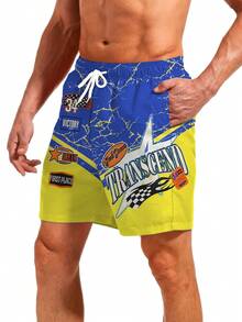 男士字母数字印花抽绳腰休闲沙滩短裤 - 彩色 - 查看 3