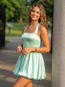 Women's Satin Bubble Hem Halter Dress  Backless Tie-Up Neck Mini Dress In Muted Color Palette  Perfect For Summer Parties, Beach Getaways, And Date Nights  Available In Multiple Hues - 綠色 - 查看 4