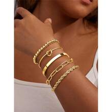 5件套女士14K镀金手镯，抗氧化防水时尚可叠戴手镯套装 - 多色 - 查看 2