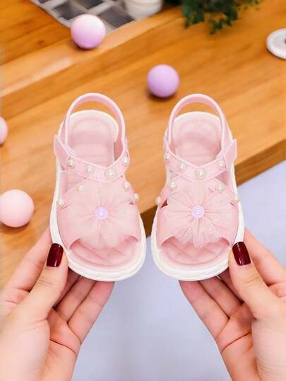 可爱水钻蝴蝶结露趾女童凉鞋，透气沙滩度假鞋