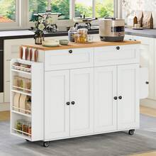 HaluPeit Kitchen Island, Rolling Kitchen Island Table On Wheels With Drop Leaf, Portable Mobile Storage Cabinet With Power Outlet, Spice Rack, Towel Rack, Drawers - 白色 - 查看 2