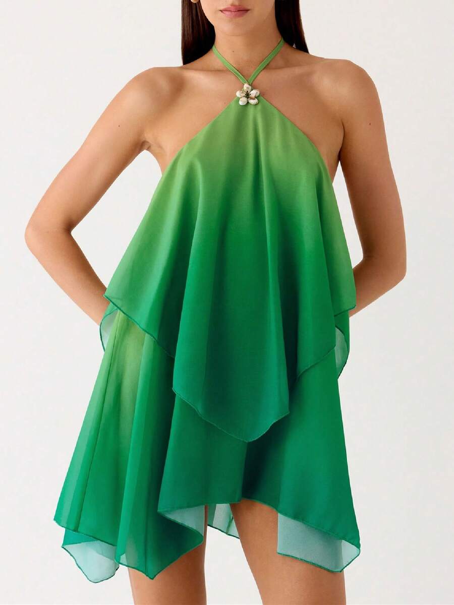 Women Ruffle Halter Neck Mini Dress Sheer Mesh Layered Open Back Dress Y2K Tiered Tie Back Going Out Dresses - Green - View 1
