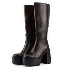 Knee High Platform For Women Chunky Round Toe High Heel Motorcycle Combat Punk Tall Boots With Side Zipper - 深棕色 - 查看 7
